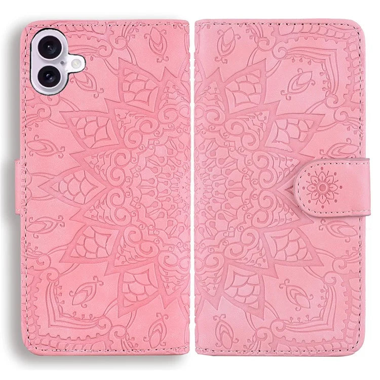 For iPhone 16 Plus Case PU Leather Book Wallet Phone Cover Flower Imprinted