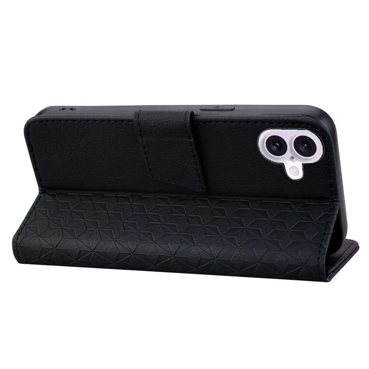 For iPhone 16 Case Rhombus Pattern Leather Phone Cover Wallet Stand Flip