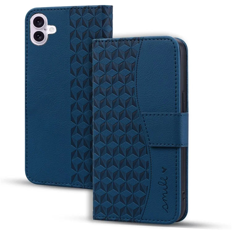 For iPhone 16 Case Rhombus Pattern Leather Phone Cover Wallet Stand Flip