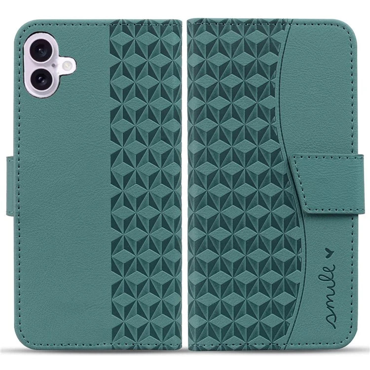 For iPhone 16 Case Rhombus Pattern Leather Phone Cover Wallet Stand Flip