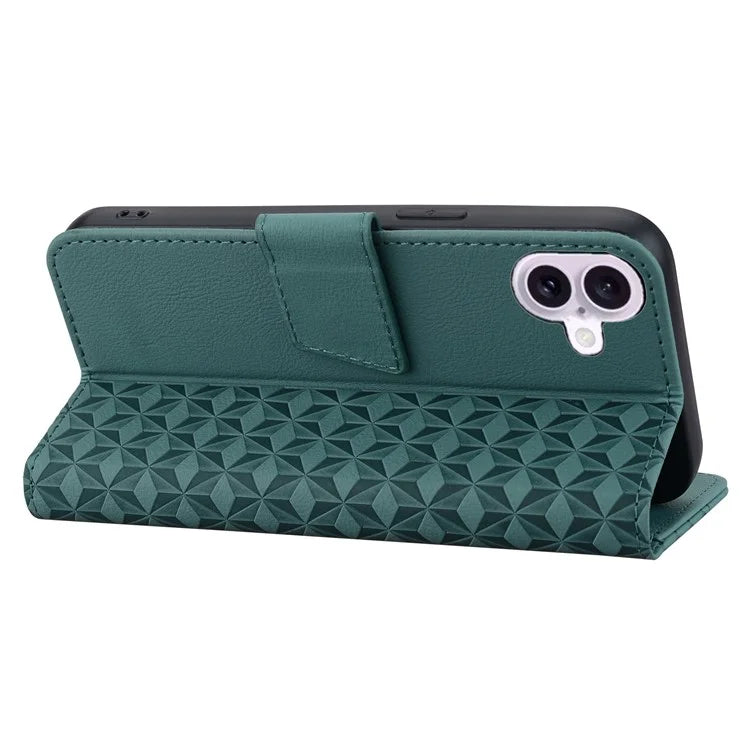 For iPhone 16 Case Rhombus Pattern Leather Phone Cover Wallet Stand Flip