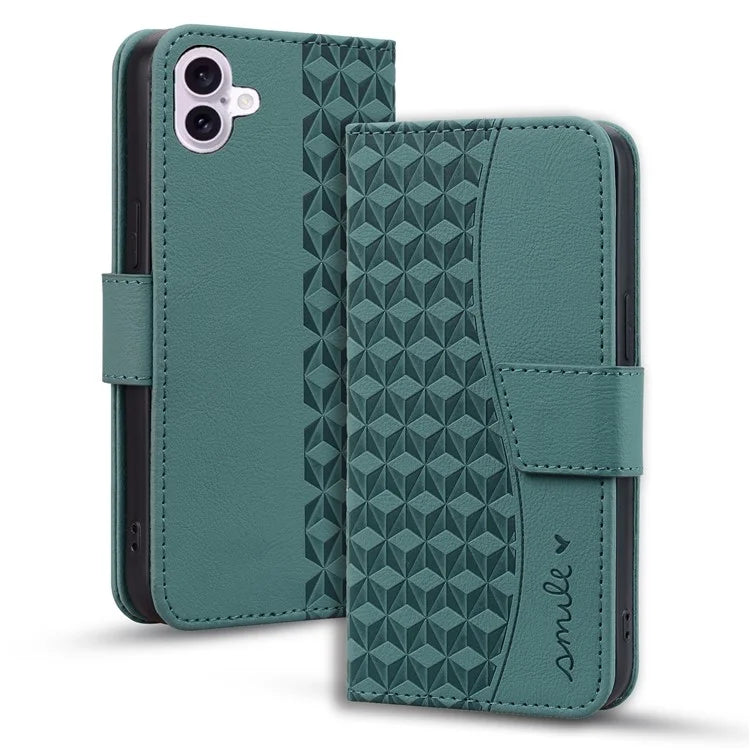 For iPhone 16 Case Rhombus Pattern Leather Phone Cover Wallet Stand Flip
