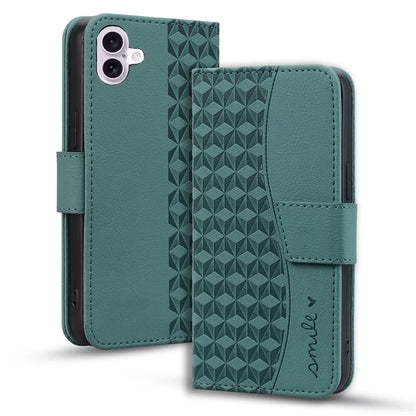 For iPhone 16 Case Rhombus Pattern Leather Phone Cover Wallet Stand Flip