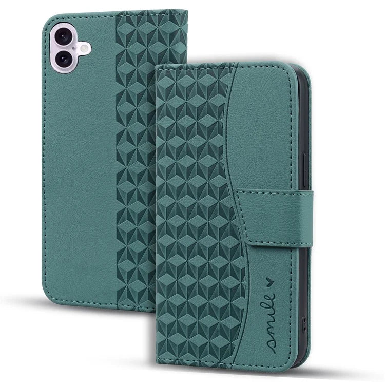 For iPhone 16 Case Rhombus Pattern Leather Phone Cover Wallet Stand Flip