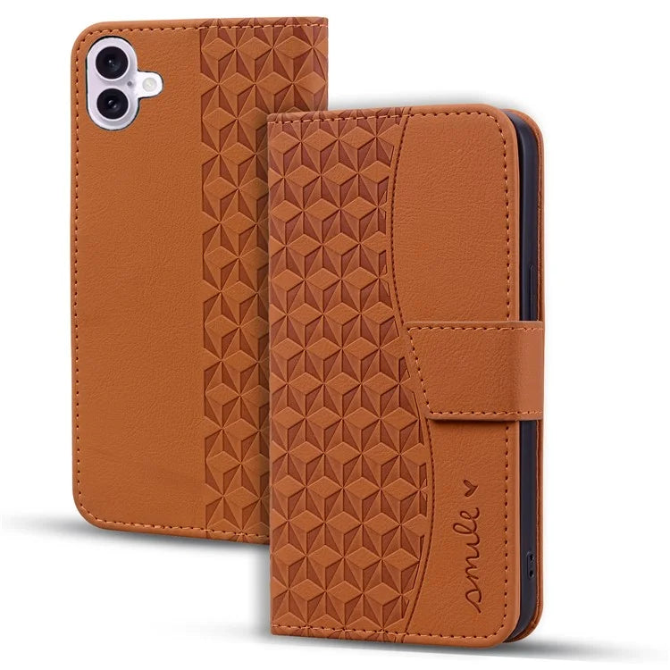 For iPhone 16 Case Rhombus Pattern Leather Phone Cover Wallet Stand Flip