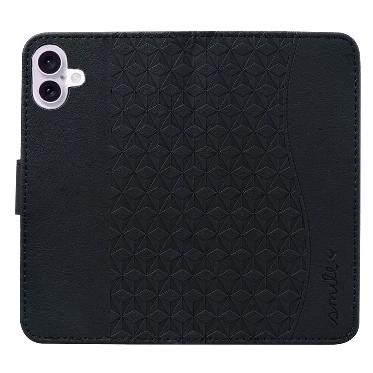 For iPhone 16 Plus Case PU Leather Phone Cover Wrist Strap Rhombus Pattern