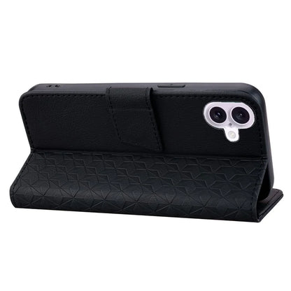 For iPhone 16 Plus Case PU Leather Phone Cover Wrist Strap Rhombus Pattern