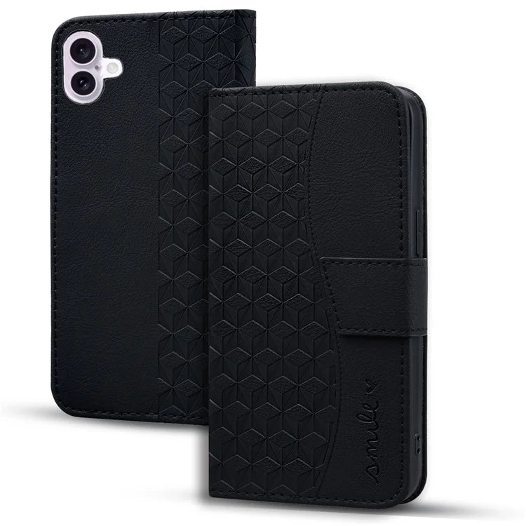 For iPhone 16 Plus Case PU Leather Phone Cover Wrist Strap Rhombus Pattern