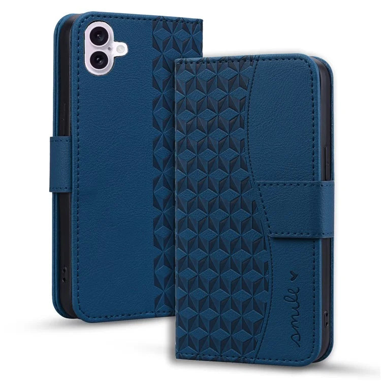 For iPhone 16 Plus Case PU Leather Phone Cover Wrist Strap Rhombus Pattern