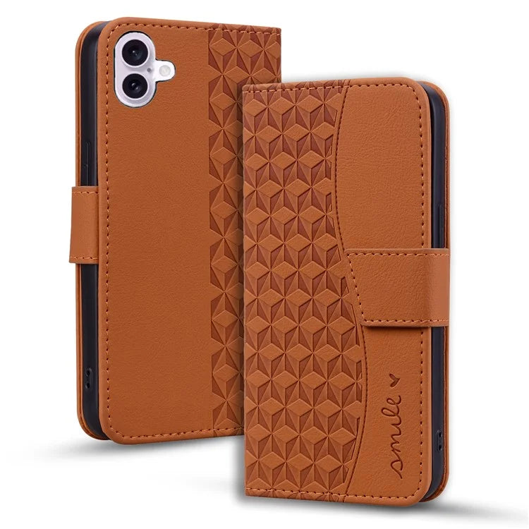 For iPhone 16 Plus Case PU Leather Phone Cover Wrist Strap Rhombus Pattern