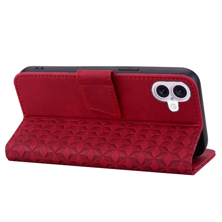 For iPhone 16 Plus Case PU Leather Phone Cover Wrist Strap Rhombus Pattern
