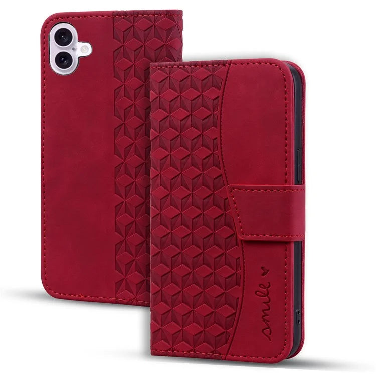 For iPhone 16 Plus Case PU Leather Phone Cover Wrist Strap Rhombus Pattern