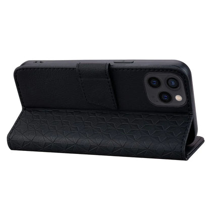 For iPhone 16 Pro Wallet Case Stand Rhombus Pattern Leather Phone Cover with Wrist Strap