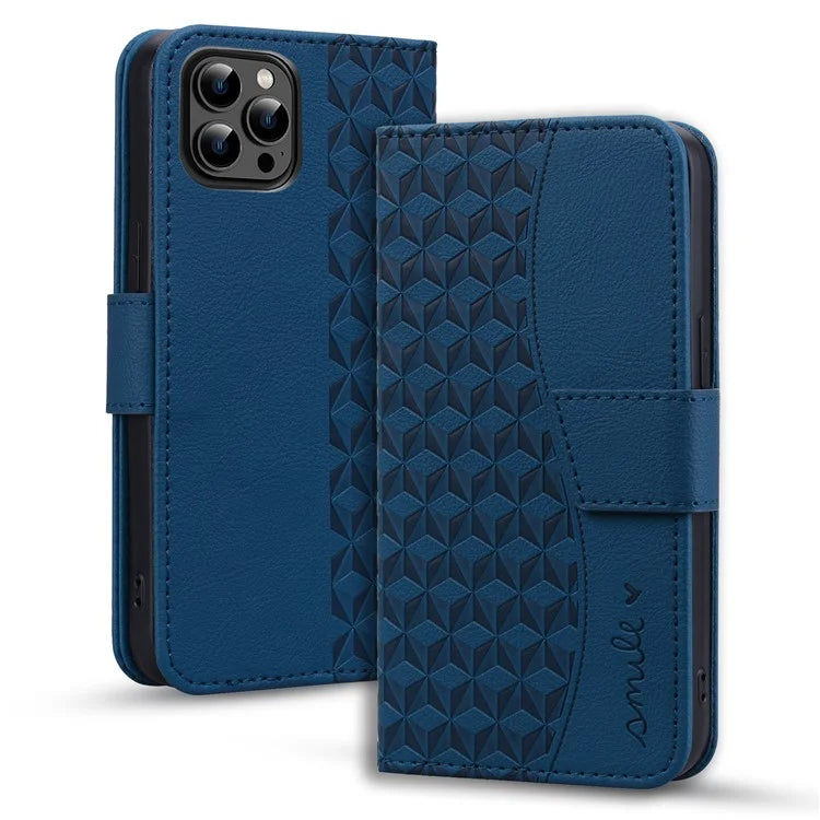 For iPhone 16 Pro Wallet Case Stand Rhombus Pattern Leather Phone Cover with Wrist Strap