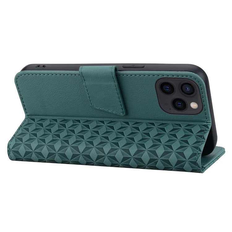 For iPhone 16 Pro Wallet Case Stand Rhombus Pattern Leather Phone Cover with Wrist Strap