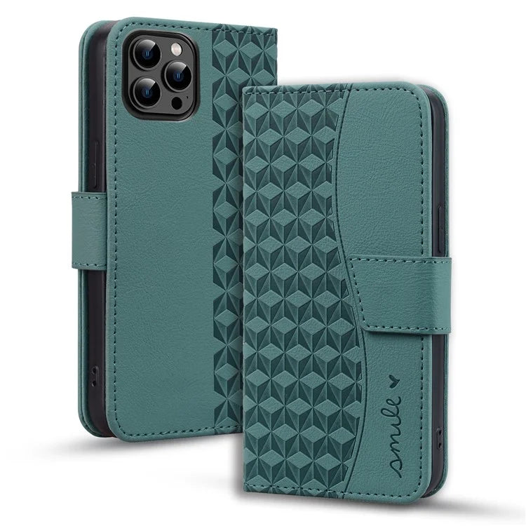 For iPhone 16 Pro Wallet Case Stand Rhombus Pattern Leather Phone Cover with Wrist Strap