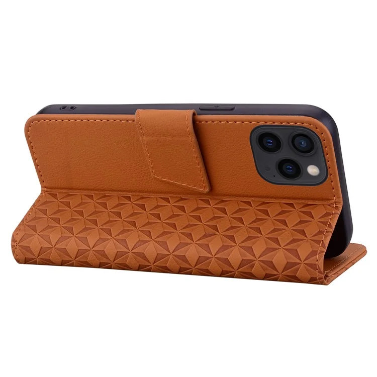 For iPhone 16 Pro Wallet Case Stand Rhombus Pattern Leather Phone Cover with Wrist Strap