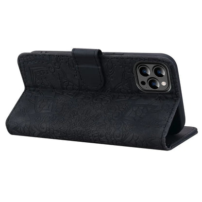 For iPhone 16 Pro Max Case PU Leather Wallet Flip Phone Cover Flower Imprinted
