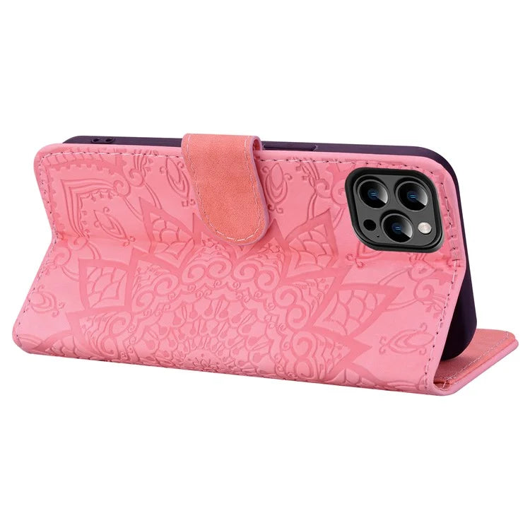 For iPhone 16 Pro Max Case PU Leather Wallet Flip Phone Cover Flower Imprinted