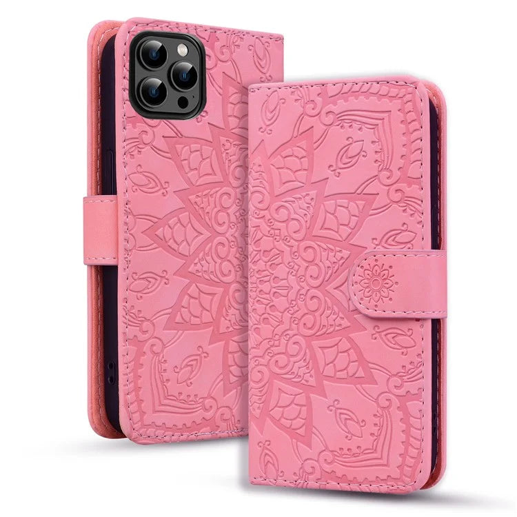For iPhone 16 Pro Max Case PU Leather Wallet Flip Phone Cover Flower Imprinted