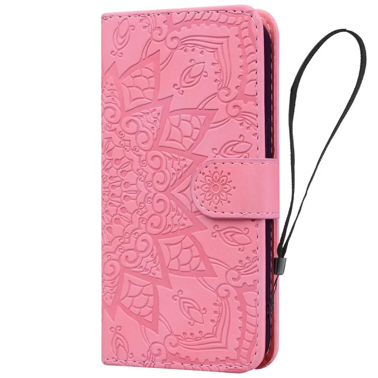 For iPhone 16 Pro Max Case PU Leather Wallet Flip Phone Cover Flower Imprinted