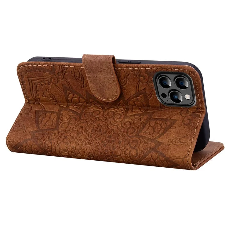For iPhone 16 Pro Max Case PU Leather Wallet Flip Phone Cover Flower Imprinted