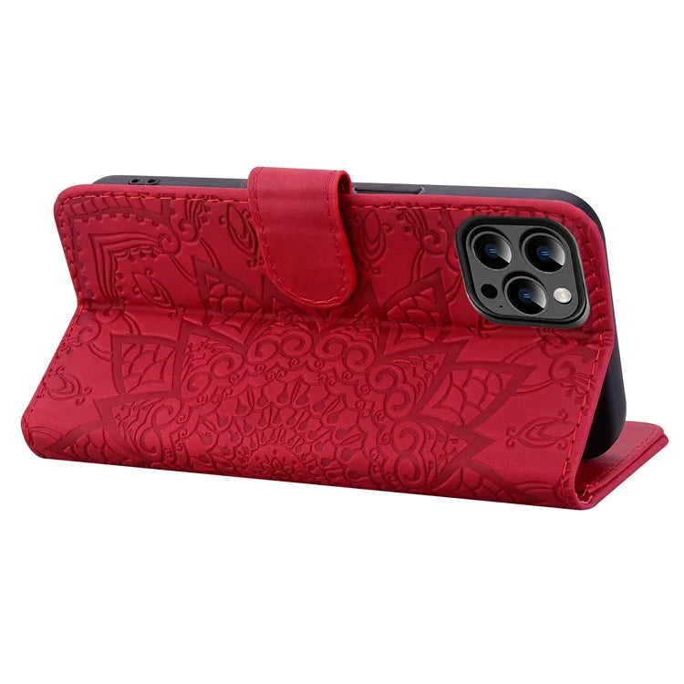 For iPhone 16 Pro Max Case PU Leather Wallet Flip Phone Cover Flower Imprinted
