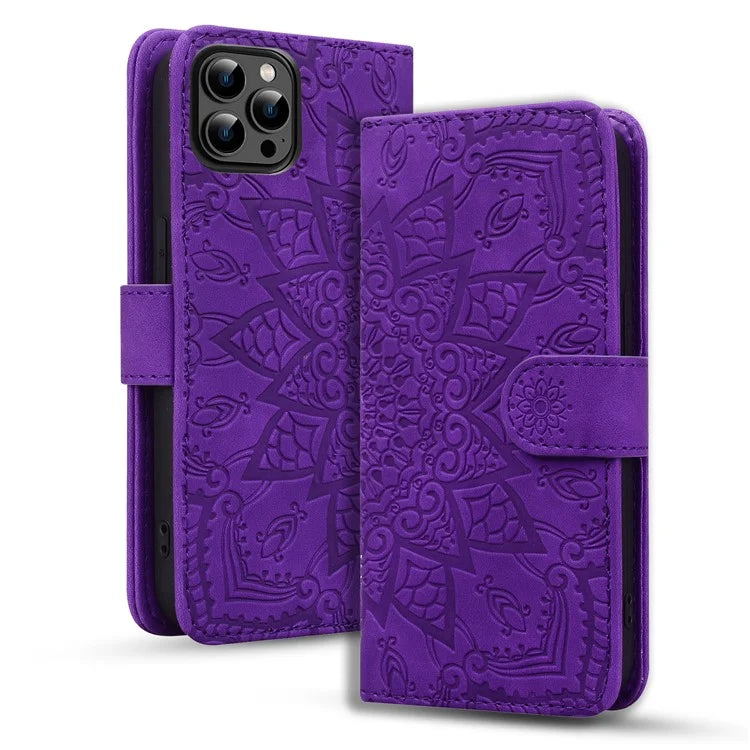 For iPhone 16 Pro Max Case PU Leather Wallet Flip Phone Cover Flower Imprinted