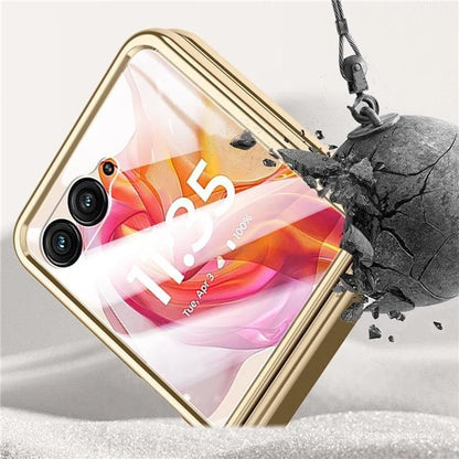 For Motorola Razr 50 Ultra 5G Case with Rear Small Screen Protector Hinge Protection Leather Back Cover Electroplated Edge