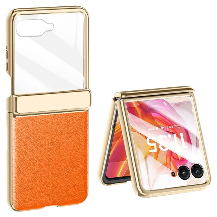 For Motorola Razr 50 Ultra 5G Case with Rear Small Screen Protector Hinge Protection Leather Back Cover Electroplated Edge