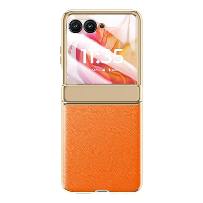 For Motorola Razr 50 Ultra 5G Case with Rear Small Screen Protector Hinge Protection Leather Back Cover Electroplated Edge