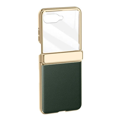 For Motorola Razr 50 Ultra 5G Case with Rear Small Screen Protector Hinge Protection Leather Back Cover Electroplated Edge