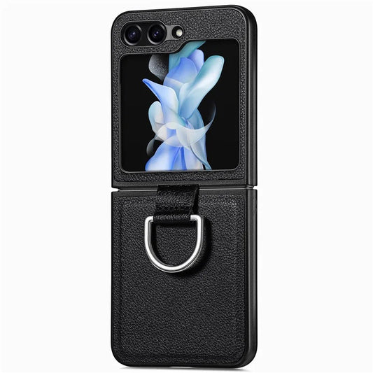 For Samsung Galaxy Z Flip6 5G Case Litchi Texture Ring Holder Leather+PC Phone Cover