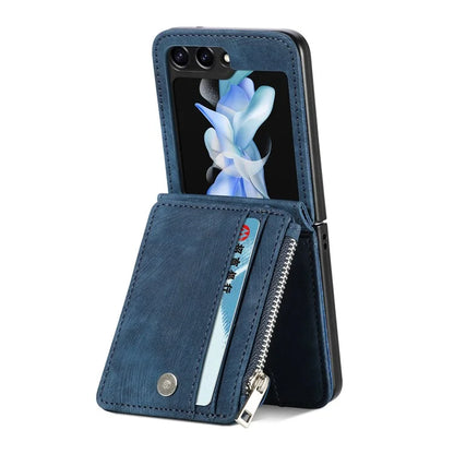 For Samsung Galaxy Z Flip6 5G Case Kickstand Retro Leather Phone Cover Zipper Card Holder