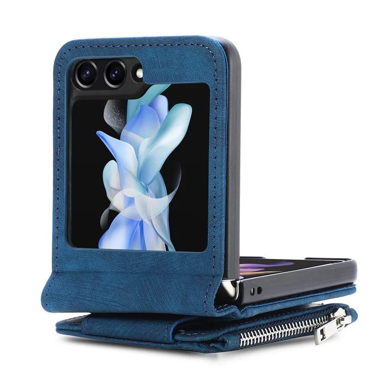 For Samsung Galaxy Z Flip6 5G Case Kickstand Retro Leather Phone Cover Zipper Card Holder