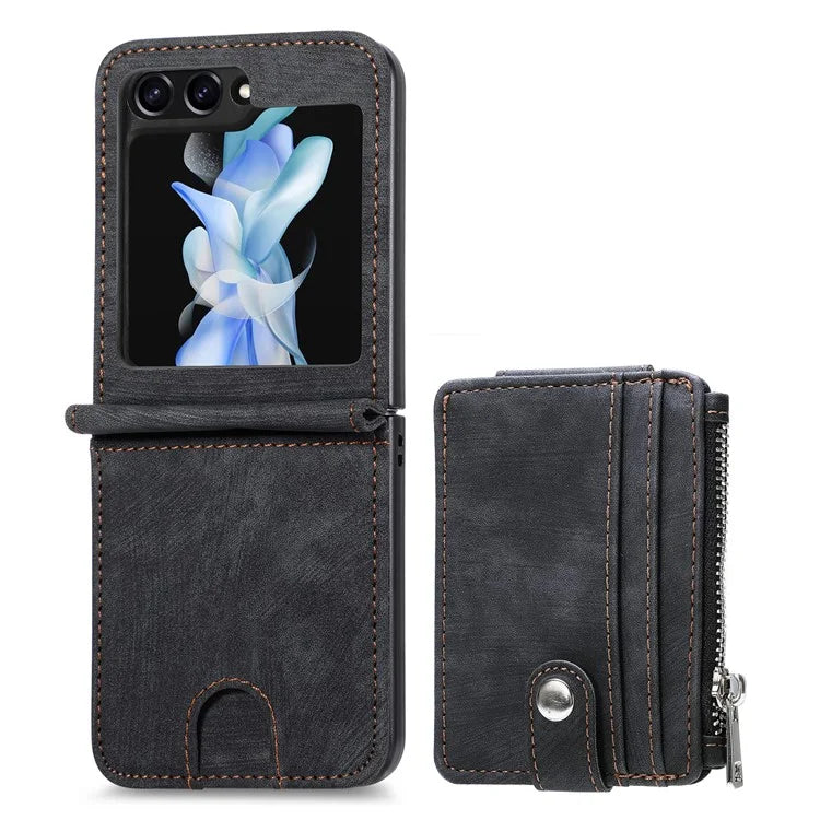 For Samsung Galaxy Z Flip6 5G Case Kickstand Retro Leather Phone Cover Zipper Card Holder
