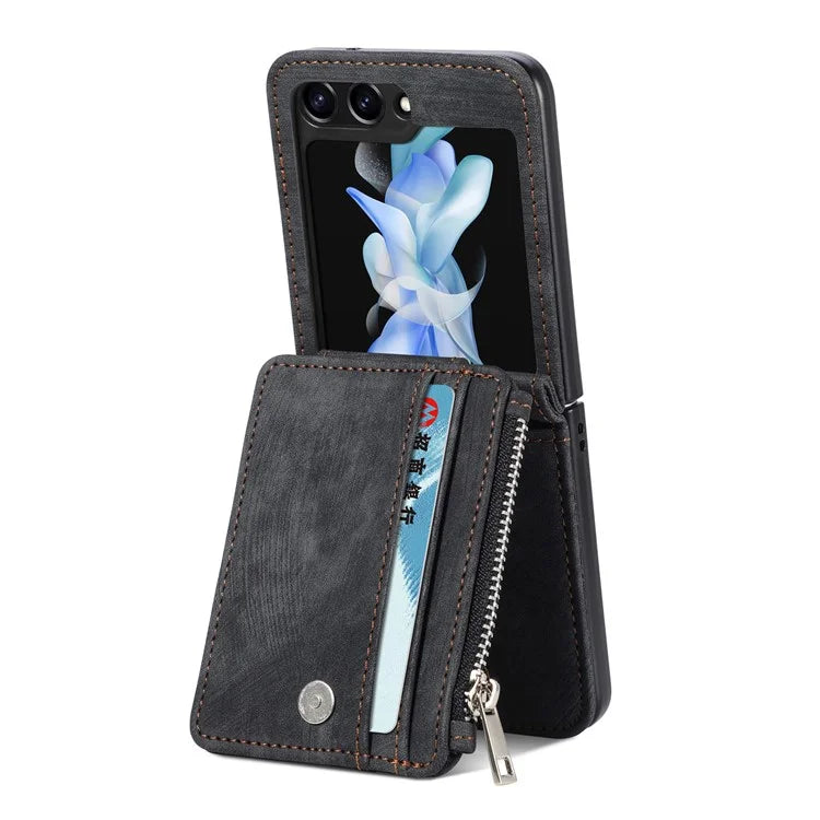 For Samsung Galaxy Z Flip6 5G Case Kickstand Retro Leather Phone Cover Zipper Card Holder