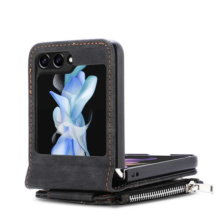 For Samsung Galaxy Z Flip6 5G Case Kickstand Retro Leather Phone Cover Zipper Card Holder