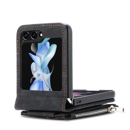 For Samsung Galaxy Z Flip6 5G Case Kickstand Retro Leather Phone Cover Zipper Card Holder