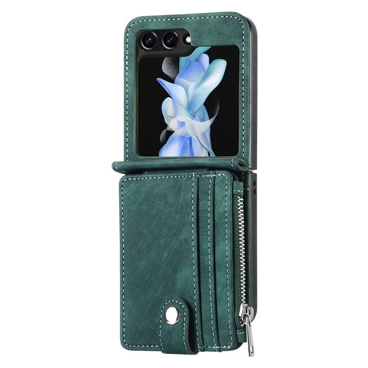 For Samsung Galaxy Z Flip6 5G Case Kickstand Retro Leather Phone Cover Zipper Card Holder