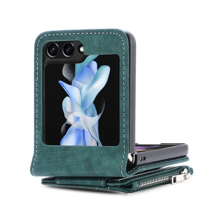 For Samsung Galaxy Z Flip6 5G Case Kickstand Retro Leather Phone Cover Zipper Card Holder