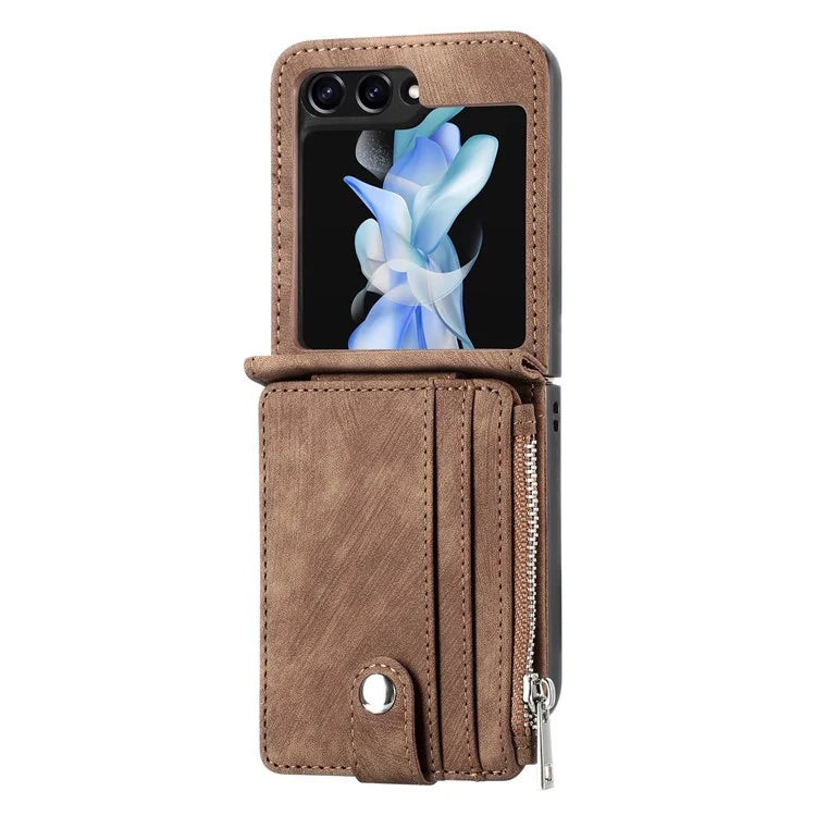 For Samsung Galaxy Z Flip6 5G Case Kickstand Retro Leather Phone Cover Zipper Card Holder