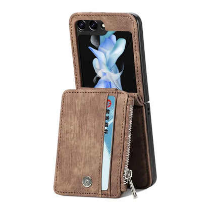 For Samsung Galaxy Z Flip6 5G Case Kickstand Retro Leather Phone Cover Zipper Card Holder