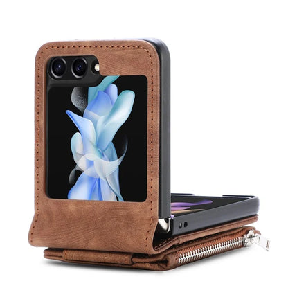 For Samsung Galaxy Z Flip6 5G Case Kickstand Retro Leather Phone Cover Zipper Card Holder