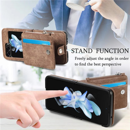 For Samsung Galaxy Z Flip6 5G Case Kickstand Retro Leather Phone Cover Zipper Card Holder