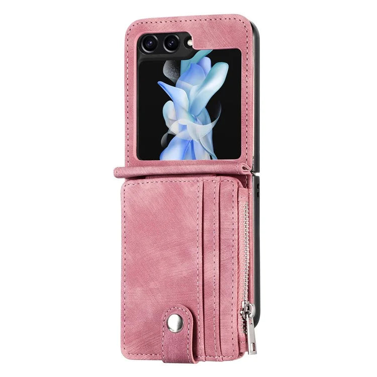For Samsung Galaxy Z Flip6 5G Case Kickstand Retro Leather Phone Cover Zipper Card Holder