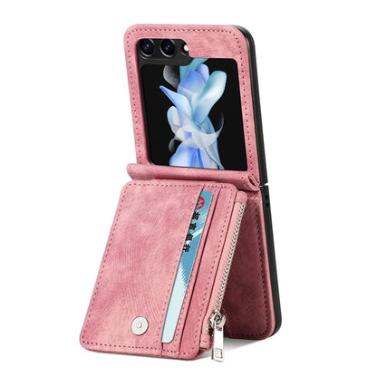 For Samsung Galaxy Z Flip6 5G Case Kickstand Retro Leather Phone Cover Zipper Card Holder