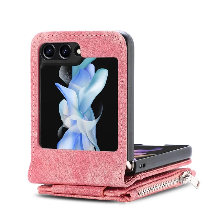 For Samsung Galaxy Z Flip6 5G Case Kickstand Retro Leather Phone Cover Zipper Card Holder