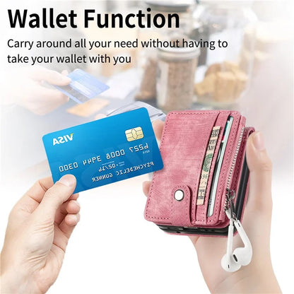 For Samsung Galaxy Z Flip6 5G Case Kickstand Retro Leather Phone Cover Zipper Card Holder
