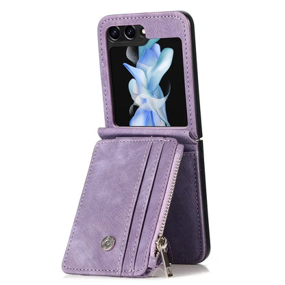 For Samsung Galaxy Z Flip6 5G Case Kickstand Retro Leather Phone Cover Zipper Card Holder